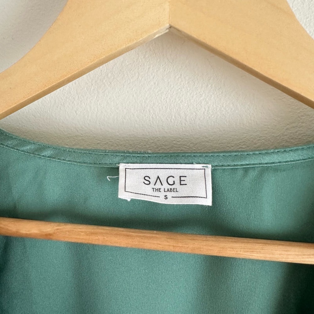 SAGE The Label Tie-Front Balloon Sleeve Ruffle Trim Blouse Green S - Picture 5 of 8